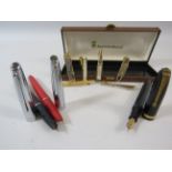 Conway Stewart NO 84 fountain pen with 14k gold nib plus two Platignum pens and 6 tie clips.