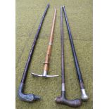 3 walking sticks one with carved horn dog head handle and 2 with silver mounts etc.