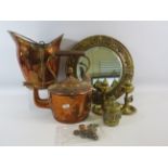 Brass and Copper mixed lot to include Opium jar, Mirror, bucket, kettle etc.