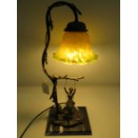 Spelter figural table lamp of a lady on a swing. Orange/Green Shade. Working order. See photos.