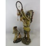 Large Native American Chief holding up dream catcher measuring 22 inches tall together with one othe