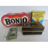 2 Vintage tins, a Vintage cash box and a savings book money box.