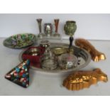 Mixed lot of silver plated items, Copper jelly moulds, Enamel bowls etc.