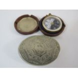 White Metal chased snuff box dated 1887 plus a vintage compass in a leather case.