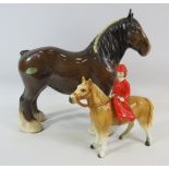 Beswick model no 818 shire mare figurine plus a continental horse figurine with rider.