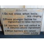 Railway level crossing sign made from aluminium. Original fixing clamps still present. Measures 33