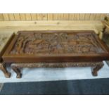 Beautifully carved Opium style table believed to have been brought from Thailand. Raised on carved