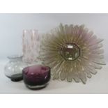 Mixed art glass lot to include a Wedgwood vase and a large Floral bowl which is 19" in diameter.