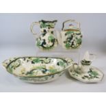 4 Pieces of Masons Ironstone in the Green Chartreuse pattern, chamberstick, teapot etc.