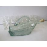 Unusual shaped wine bottle decanter and 15 hand blown sherry glasses.