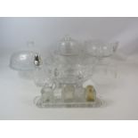 Mixed crystal glass lot including Cake stand with dome, cruet set etc.