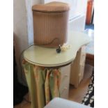 1930's era painted pine kidney topped dressing table with fabric valance. Comes with a Lloyd Loom li