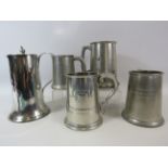 4 pewter tankards and silver plated water jug.