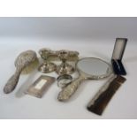 Sterling silver embossed dressing table grooming set, candle sticks, napkin ring etc