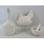 Mixed lot to include a Royal Copenhagen Flask, a Portmeirion egg crock chicken and a marble pestle