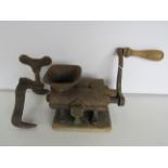 Antique Mincer mounted on board with clamp possibly by Burgess & Son. See photos.