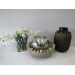 Art glass vase, vase with faux flowers and 2 large decorative bowls.