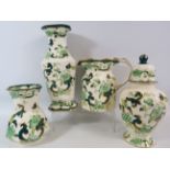 4 Pieces of Masons Ironstone in the Green Chartreuse pattern, Lidded Jar, Vases and jug etc.