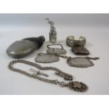 Sterling silver watch chain with T bar and fob plus a selection of silver plated items etc.