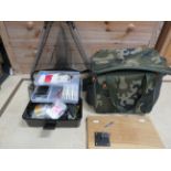Various Fly fishing items to include cantilever box, fly tie material. Fly tier attatched to board.