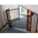 Large Stylish Mirror with tinted panels and engraved glass flower decoration. H:36 x W:47 Inches. Se