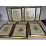 5 Chinese silk framed pictures and 6 floral framed prints.