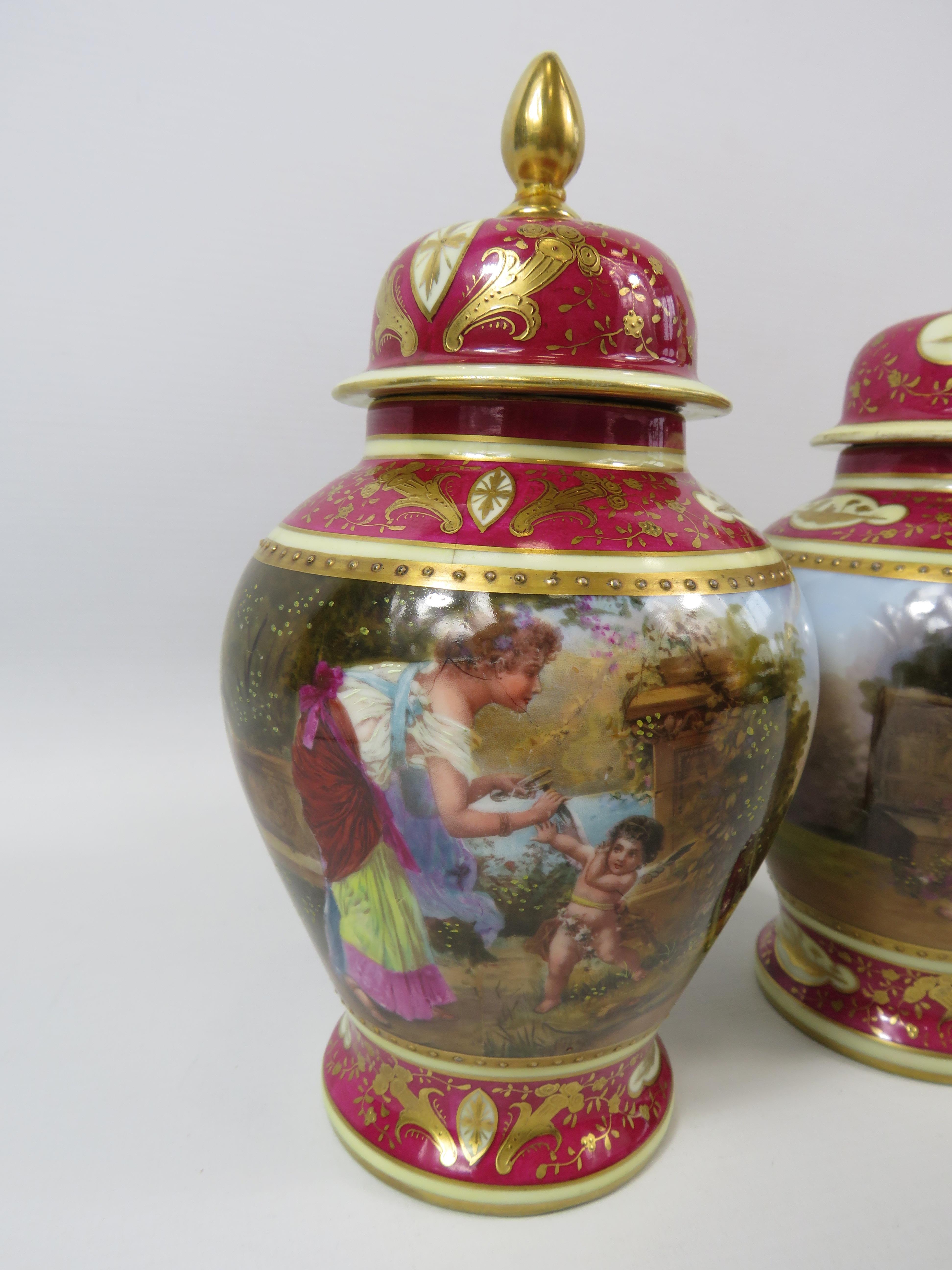 Pair of Vienna style lidded urn vases, both have had a repair/ damage to the lids. Approx 9" tall. - Image 2 of 6