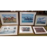 Five large framed and mounted horse racing prints. Some are limited edition by Claire ein Burton, &