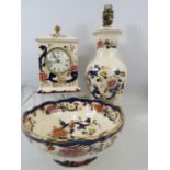 3 Pieces of Masons ironstone in the Blue Mandalay pattern, clock, table lamp and bowl.