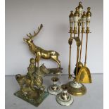 Large brass stag, brass and mother of pearl companion set with matching candle sticks etc.