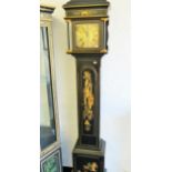 Chinoisere ebonised and laquered long case clock with painted decorations to the body and base. Clo