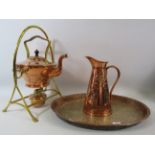 Copper and Brass spirit kettle, Art Nouveau jug and a tray.