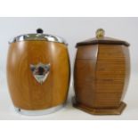Handmade wooden treen storage jar plus a wooden barrel ice bucket.