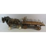 2 Large Melrose ceramic shire horses and a large wooden dray cart, approx 32" from Hames to rear