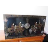 Black Ebonised two door oriental style cabinet, H:20 x W:36 x D:18 Inches. See photos