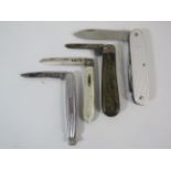 4 penknives including one mother of pearl and sterling silver and a Suiss army penknife.