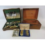 Vintage wooden writing box, Cutlery set in wooden case etc.