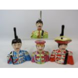 Lorna Bailey Beatles Four Legends from Liverpool Sergeant Pepper story mini toby jugs. Approx 5"