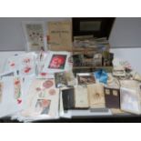 Folder of Poppy related ephemera and cards plus a large box of interest to include postcards, stamps
