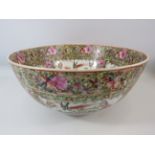 Large Canton Famille rose punch bowl decorated with flowers and butterflies, 6 character to the