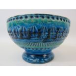 Italian Bitossi pottery bowl candle holder, blue and green glaze. 3" tall 5.5" diameter.