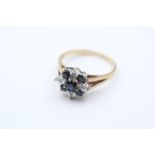 9ct Gold Sapphire & Diamond Floral Cluster Split Shoulders Dress Ring (2.7g) 2036242