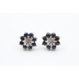 9ct White Gold Diamond & Sapphire Floral Cluster Stud Earrings (2.6g) 2036019