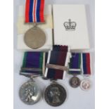 UK RAF Long service medal with Bar, Campaign medal with Malay Bar, plus matching Miniature medals, a