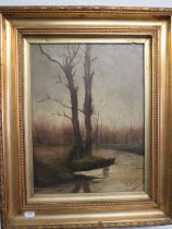 Oil on Canvas studies of trees. Bears the signature of artist E Lowis and dated 1905. Mounted in gil