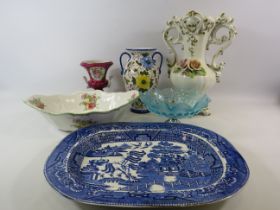 Large blue and white meat plate, Davidson glass cake stand, capodimonte vase etc.