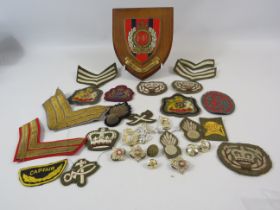 Selection of various military sew on badges, Royal Engineers plaque etc.