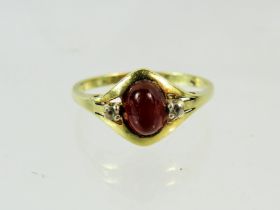 14ct Yellow gold ring set with Amber cabouchon and CZ gemstones. Finger size 'P-5' 2.2g