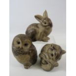 3 Poole pottery animal figurines, Owl, Rabbit and squirrel. The tallest measures 3 3/4" tall (slight