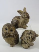 3 Poole pottery animal figurines, Owl, Rabbit and squirrel. The tallest measures 3 3/4" tall (slight
